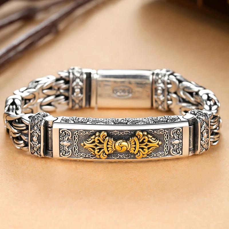 HX Neue Chinesische Stil Retro Silber Hipster Männer Armband Kreative Persönlichkeit Hand Diamant Stößel Frieden Muster Kette Schmuck 22cm von Joom DACH