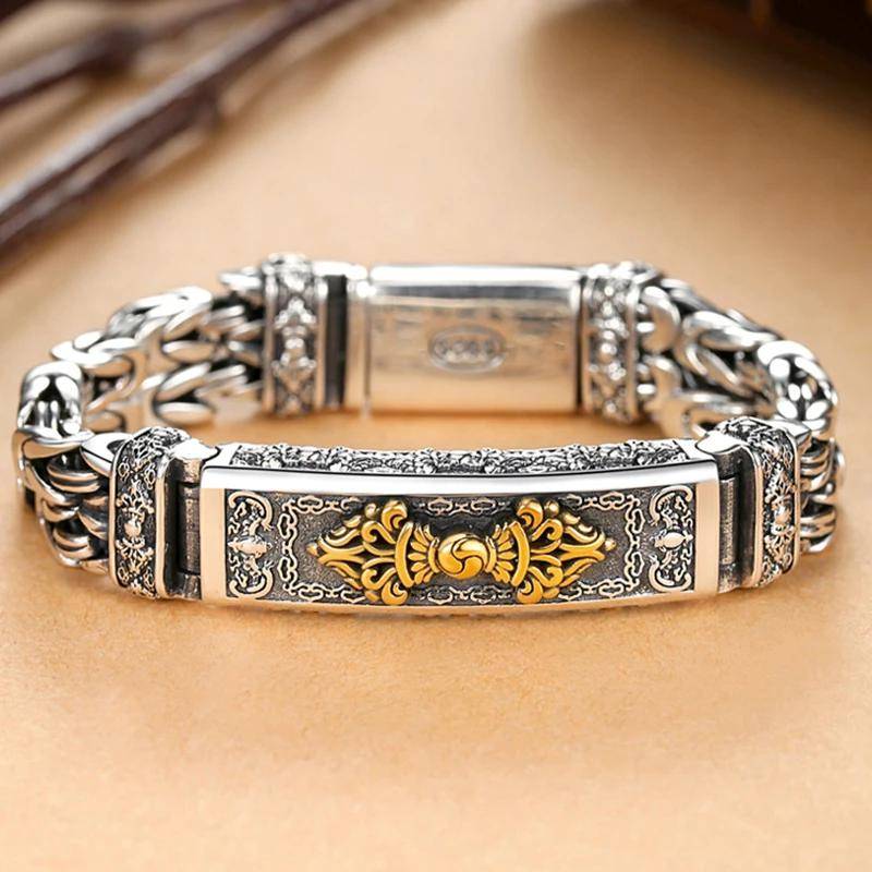 HX Neue Chinesische Stil Retro Silber Hipster Männer Armband Kreative Persönlichkeit Hand Diamant Stößel Frieden Muster Kette Schmuck 22cm von Joom DACH