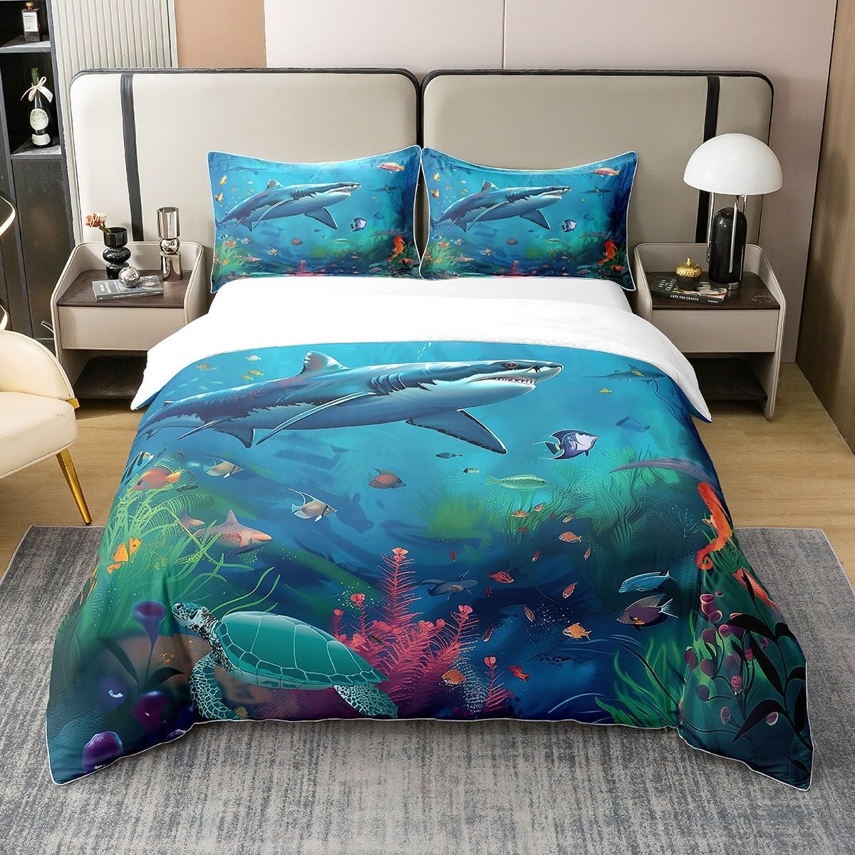 Hai Bettbezug Set Einzelgröße Kinder Jungen Hai Bettwäsche Meer Ozean Tierdruck Steppdeckenbezug Set, Bettdeckenbezug Set Alle Jahreszeiten 90x200cm-2pcs von Joom DACH