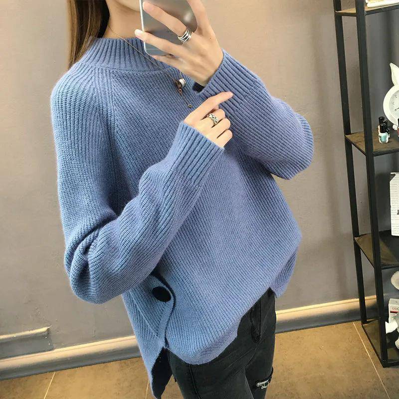 Halber Rollkragenpullover Pullover Damen Kurze Strickmode Herbst Winter Lange Lose Bottoming Shirts M blau von Joom DACH