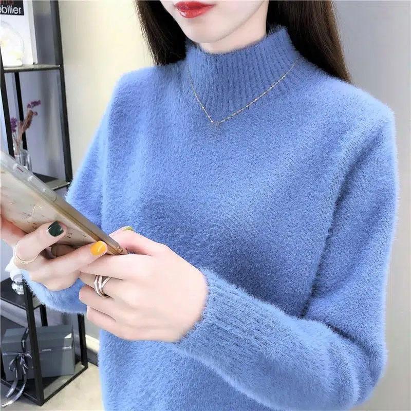 Halber Rollkragenpullover aus Nerzfleece für Damen im koreanischen Stil, lockere, lässige, dicke Strickoberteile, Pullover, Unterhemd XXL hellblaue von Joom DACH