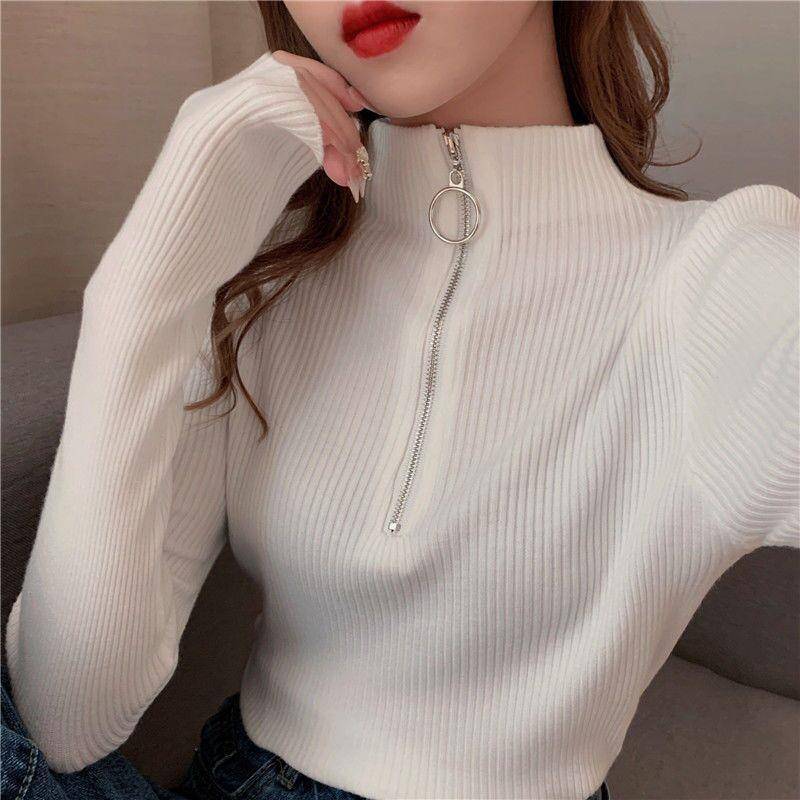 Halbes Rollkragen-Bottom-Shirt Damen-Herbstpullover-Strickpullover mit Reißverschluss Langarm-T-Shirt Slim-Top All-Match-High-Neck-Top L von Joom DACH