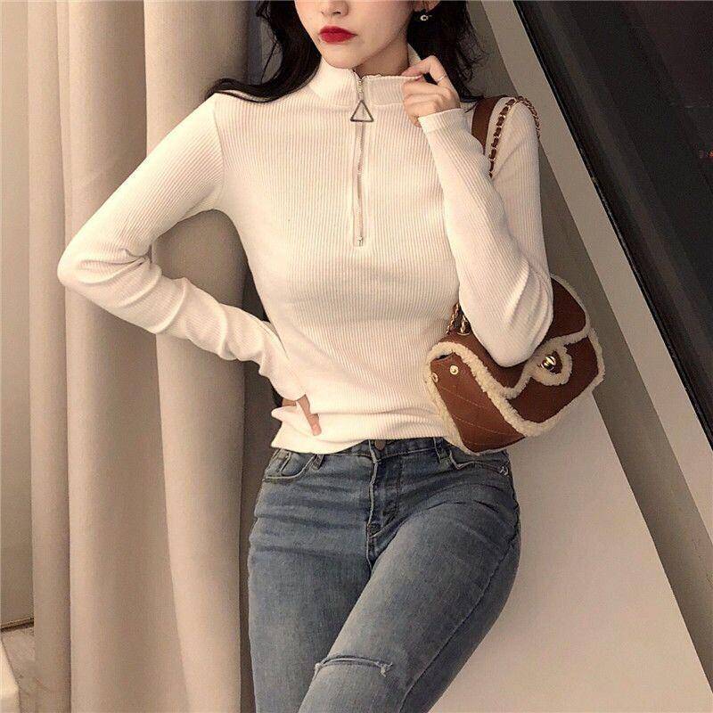 Halbes Rollkragen-Bottom-Shirt Damen-Herbstpullover-Strickpullover mit Reißverschluss Langarm-T-Shirt Slim-Top All-Match-High-Neck-Top XL von Joom DACH