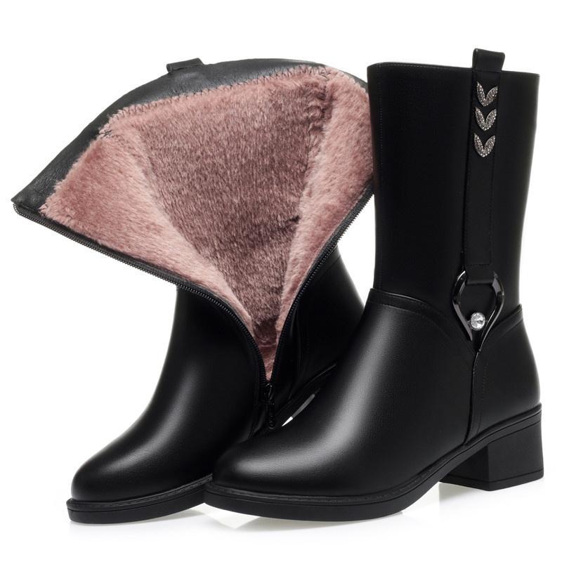 Halbhohe Damen Winter Warme Stiefeletten Weiches Leder Dicke Absätze Neue Mutter Runde Zehen Mode Elegant Baumwollstiefel 36 von Joom DACH