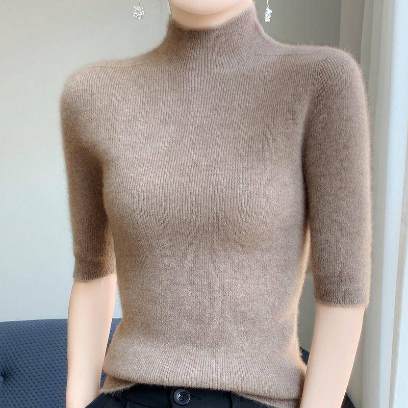 Halbhoher Ausschnitt, Fünfviertelärmel, Strickpullover für Damen, schmale Passform mit mittellangen Ärmeln, Oberteil mit Innenfutter und Basisschicht L kamelfarben von Joom DACH