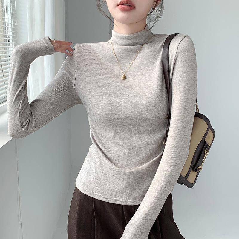 Halbhoher Kragen Basis-Shirt für Damen Herbst und Winter Warm Langarm-T-Shirt Slim Fit Einfarbig Vielseitiges Mid-Neck-Top XXL von Joom DACH