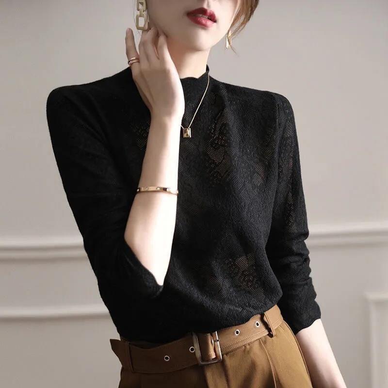 Halbhoher Kragen Spitzenbasis Strickpullover für Damen Innerer Stil und Temperament Pullover Top 2XL schwarz von Joom DACH