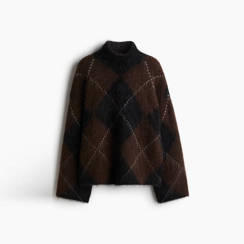 Halbhoher Rollkragen Strickpullover Pullover Frau Kariert Color Blocked Locker Lange Ärmel Pullover Lässig Vielseitig Damen Neue Pullover S von Joom DACH