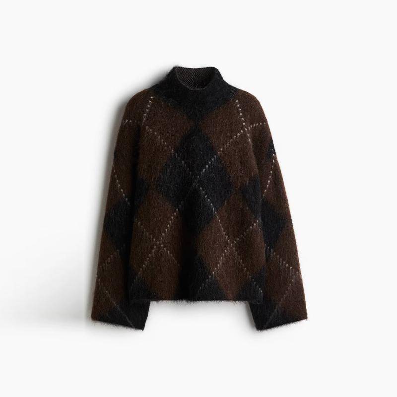 Halbhoher Rollkragen Strickpullover Pullover Frau Kariert Color Blocked Locker Lange Ärmel Pullover Lässig Vielseitig Damen Neue Pullover S von Joom DACH