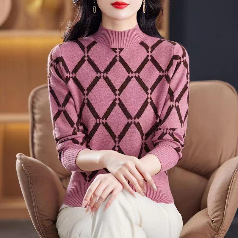 Halbhoher Rollkragenpullover Damen Herbst- und Wintermode Diamantstrickpullover Oberteil mit Pullover Kurzes Basic-Shirt One Size rose rot von Joom DACH