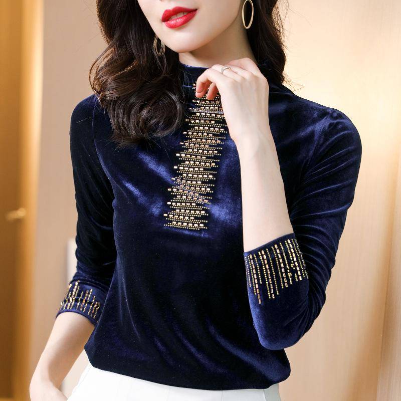 Halbrollkragen Plus Samt Verdicktes Basisshirt für Damen mit Herbst- und Wintermodischem Warmem Shirt für Langarm-T-Shirt Gold Samt Oberteil 4XL von Joom DACH