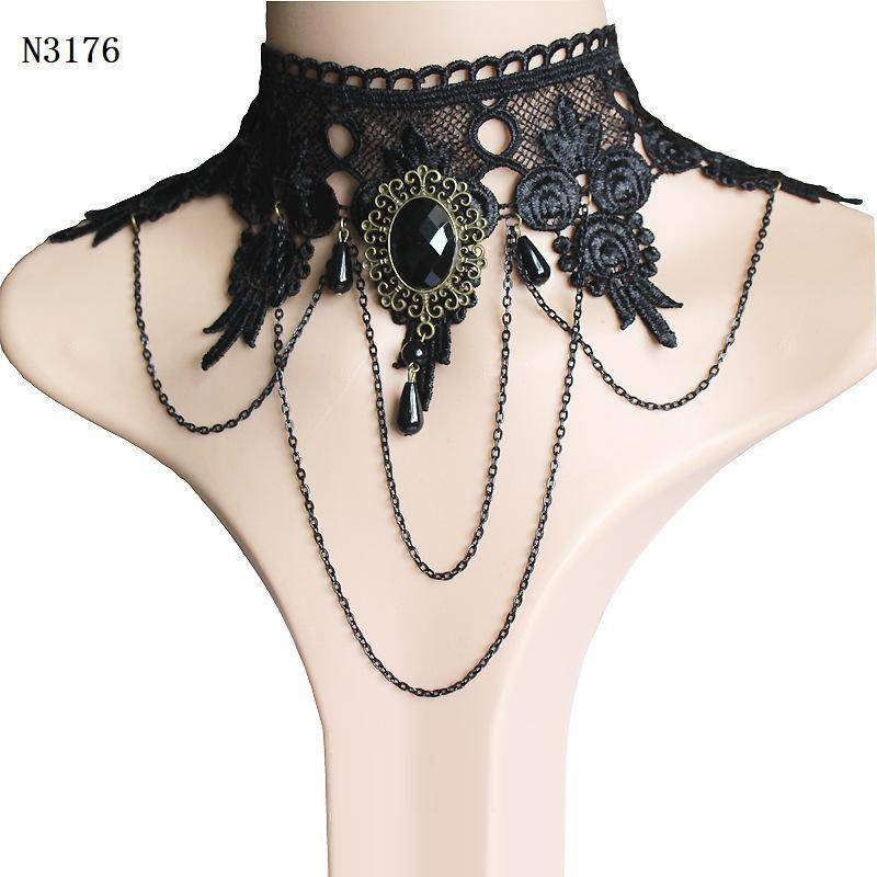 Halloween Frauen Mädchen Retro Gothic Punk Stil Halskette Armbänder Schwarze Spitze Halskette Kragen Statement Choker Viktorianischer Steampunk Schmuck von Joom DACH