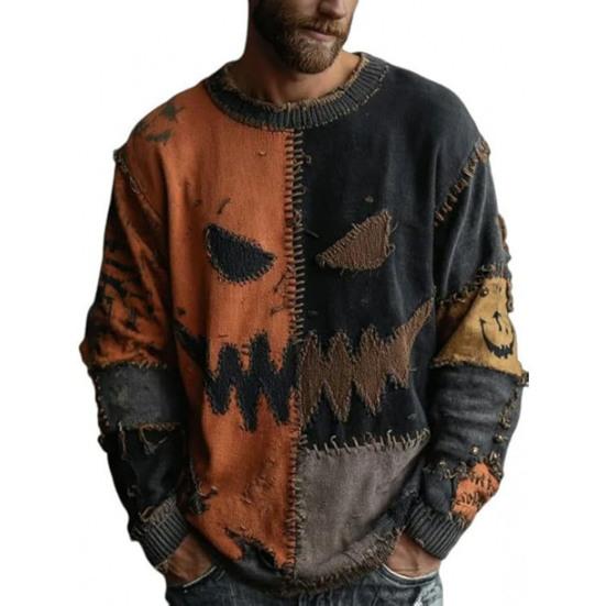 Halloween Gruseliges Gesicht Pullover Für Damen Patchwork-Druck Strickpullover Oberteil Lang XXXXL von Joom DACH