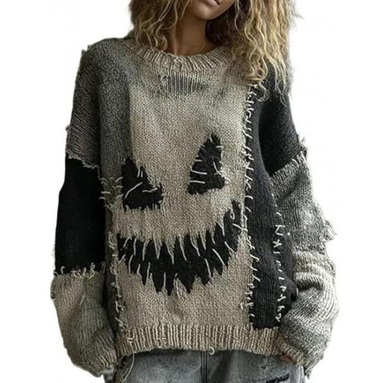 Halloween Gruseliges Gesicht Pullover für Damen Patchwork-Print Strickpullover Oberteil Langarm Rundhalsausschnitt Genähtes Herbst-Outfit S von Joom DACH