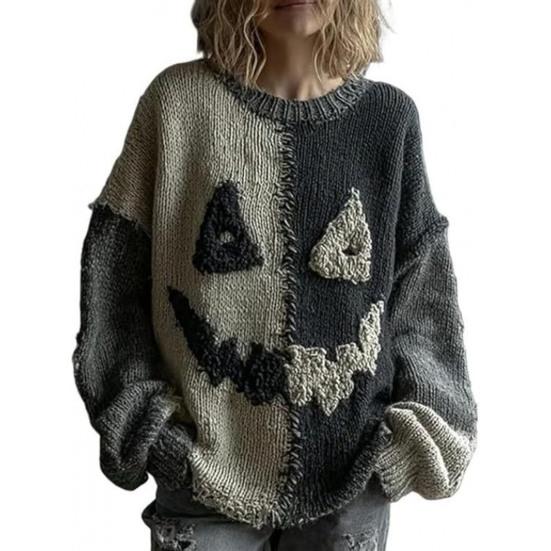 Halloween Gruseliges Gesicht Pullover für Damen Patchwork-Print Strickpullover Oberteil Langarm Rundhalsausschnitt Genähtes Herbst-Outfit S von Joom DACH