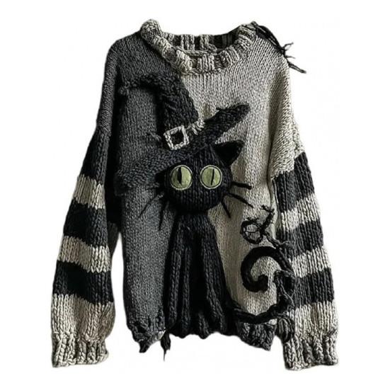 Halloween Gruseliges Gesicht Pullover für Damen Patchwork-Print Strickpullover Oberteil Langarm Rundhalsausschnitt Genähtes Herbst-Outfit XL von Joom DACH