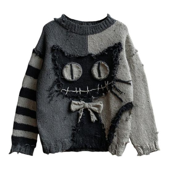 Halloween Gruseliges Gesicht Pullover für Damen Patchwork-Print Strickpullover Oberteil Langarm Rundhalsausschnitt Genähtes Herbst-Outfit XL von Joom DACH