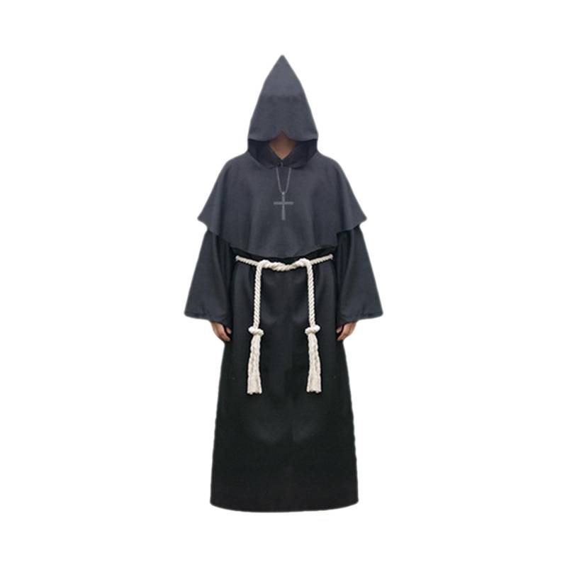 Halloween Kapuzen Priesterkostüm Mit Kreuzkette Taillengürtel Unisex Herren Damen Einfarbig Lang Vater Vikar Kostüm Mittelalterliche Priester Cosplay Kostüme 2XL schwarz von Joom DACH