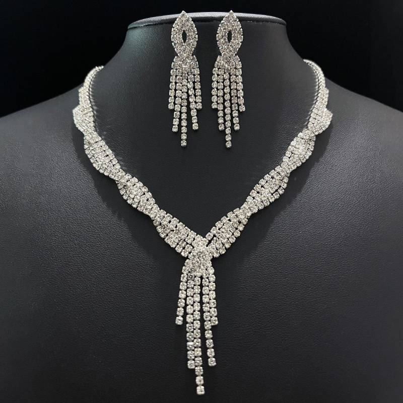 Halskette Ohrringe Quaste Hochzeit Schmuck Set Strass Anhänger Hochzeit Bankett Twist Hochzeit Kleid Zubehör von Joom DACH