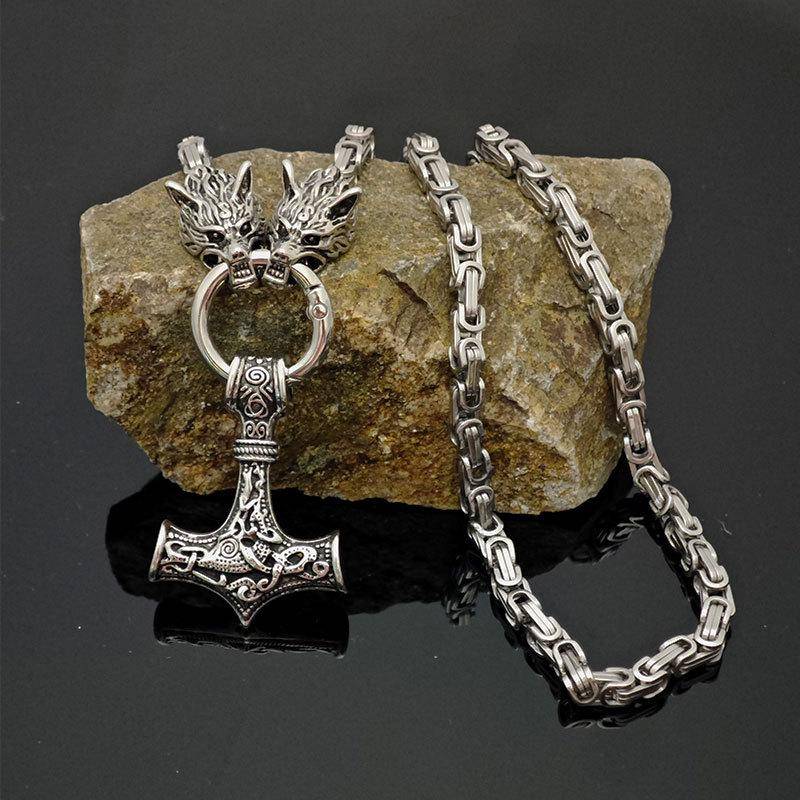 Halskette mit Anhänger aus Edelstahl für Herren, Wikinger-Wolf, Thorshammer Stainless Steel Chain - 60cm von Joom DACH