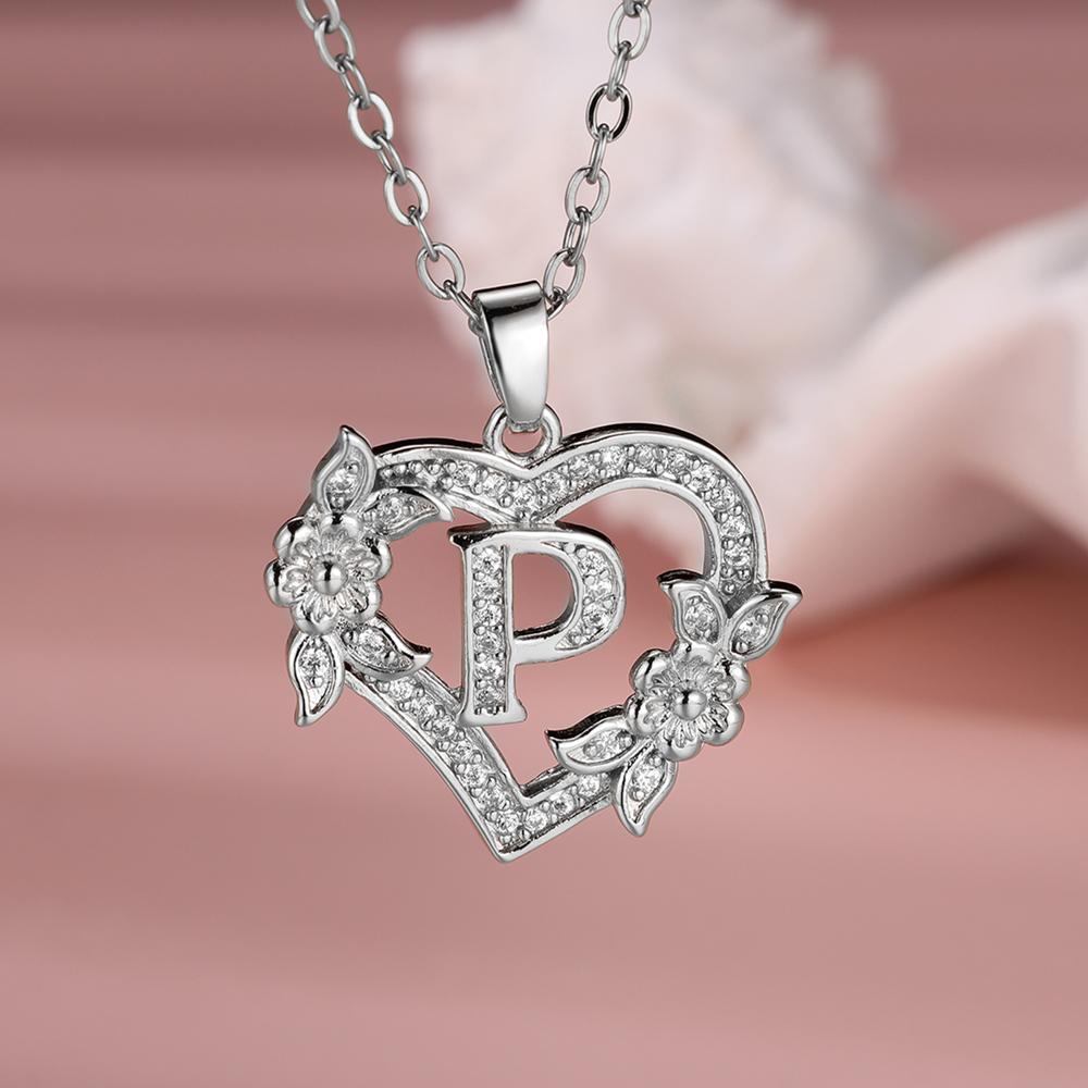 Halskette mit Herz-Anhänger, Anfangsbuchstabe AZ für Frauen, eleganter Zirkonia, Roségold, Blumen-Alphabet-Herz-Anhänger, Kette, Halsband, Schmuck, Geschenk P silber von Joom DACH