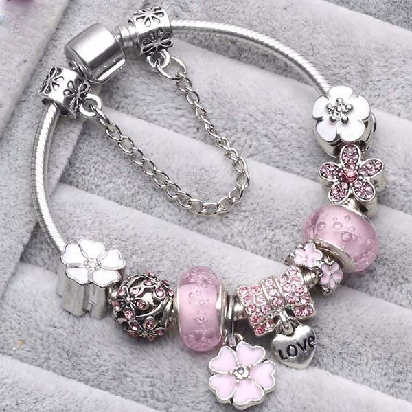 Handgefertigte Diy-Perlen und Schmuckanhänger für Armbänder, rosa Kirschblüten-Perlen, europäische Charms, Silberperlen, passend für Armbänder 17CM rosa von Joom DACH