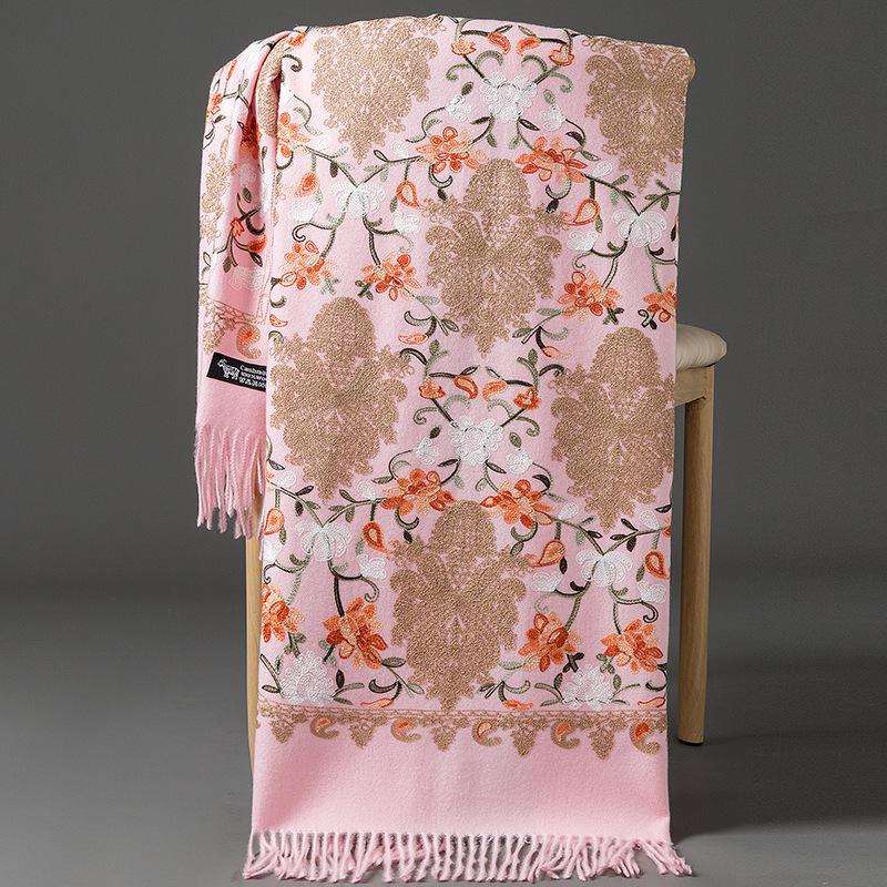 Handgefertigter Schal/Schal aus rotem Kaschmir mit Blumenstickerei aus Nepal für Damen 200cm von Joom DACH