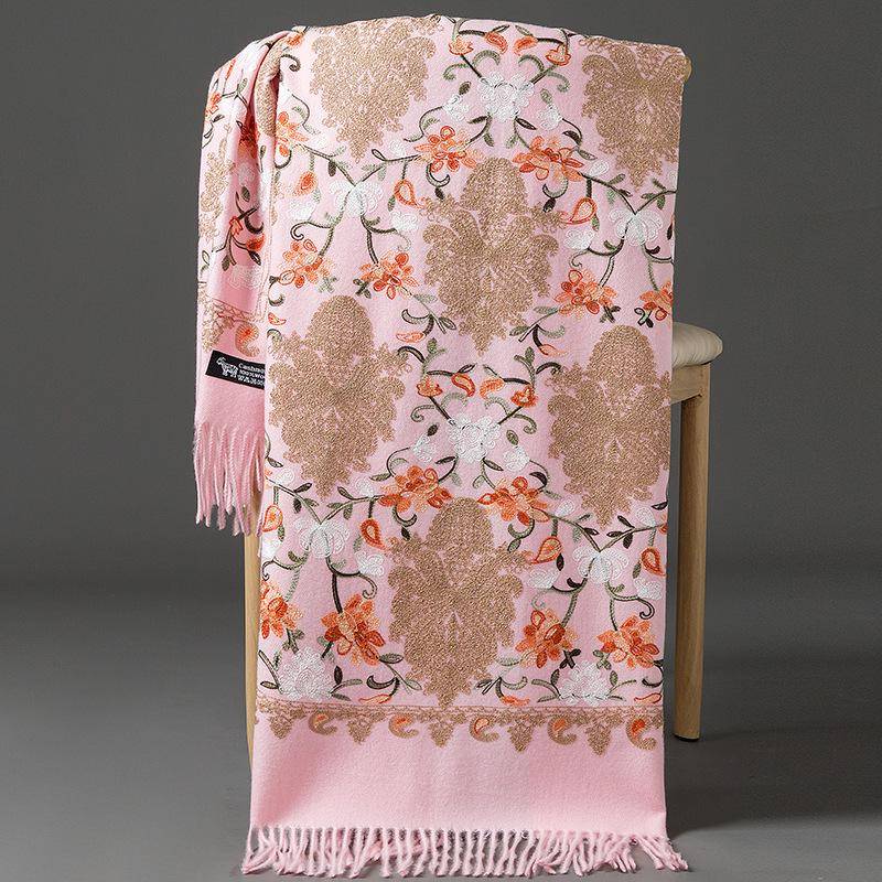 Handgefertigter Schal/Schal aus rotem Kaschmir mit Blumenstickerei aus Nepal für Damen 200cm von Joom DACH