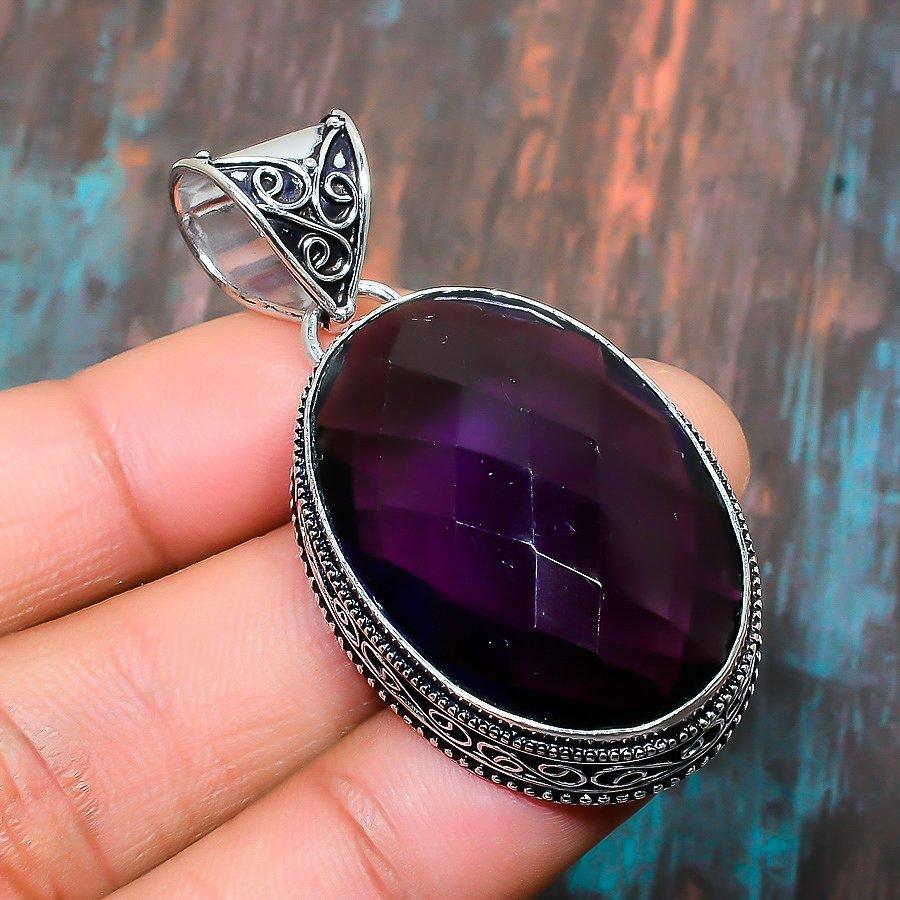 Handgefertigter Schmuckanhänger aus massivem 925er Sterlingsilber mit Amethyst-Edelstein 2.05 Inches violett von Joom DACH