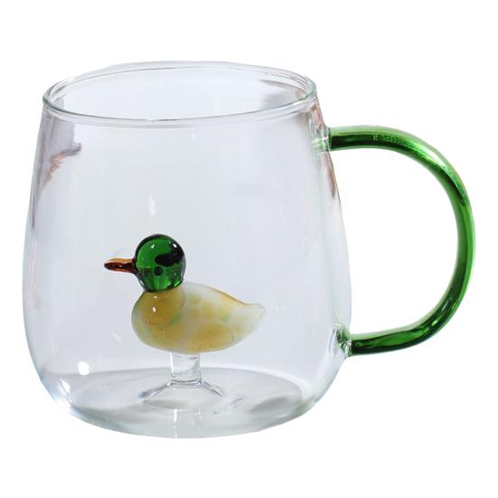 Handgefertigtes Glas Tier Pflanzenform Transparentes Wasserglas Niedliches Kaffee Milch Trinkglas mit buntem Henkel Duck von Joom DACH