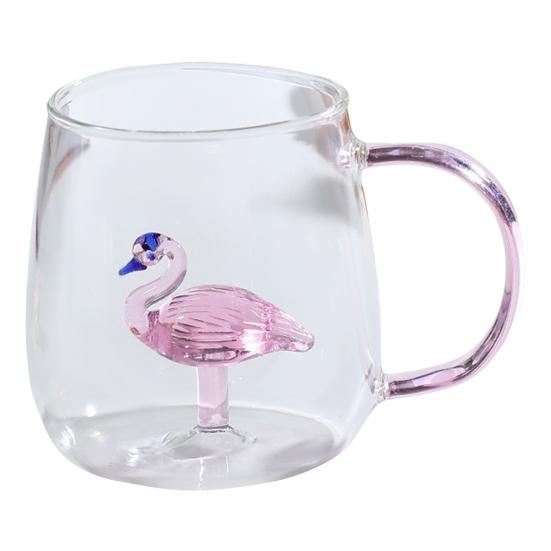 Handgefertigtes Glas Tier Pflanzenform Transparentes Wasserglas Niedliches Kaffee Milch Trinkglas mit buntem Henkel Flamingo von Joom DACH