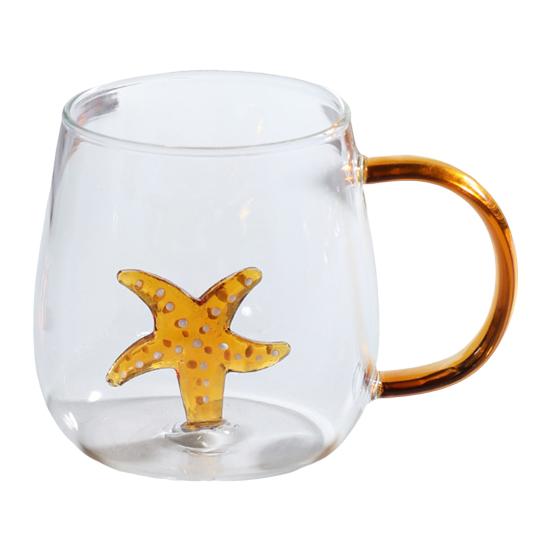 Handgefertigtes Glas Tier Pflanzenform Transparentes Wasserglas Niedliches Kaffee Milch Trinkglas mit buntem Henkel Pentagram von Joom DACH