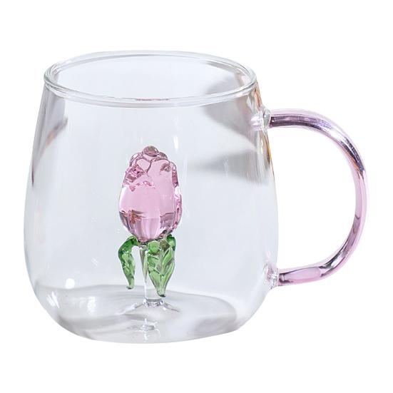 Handgefertigtes Glas Tier Pflanzenform Transparentes Wasserglas Niedliches Kaffee Milch Trinkglas mit buntem Henkel Rose von Joom DACH
