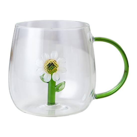 Handgefertigtes Glas Tier Pflanzenform Transparentes Wasserglas Niedliches Kaffee Milch Trinkglas mit buntem Henkel Sunflower von Joom DACH