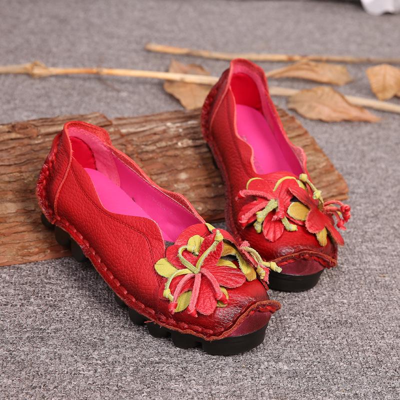 Handgemachte Blumenschuhe Damen weiche flache Bodenschuhe Herbst lässige Sandalen echtes Lederschuhe 42 rot von Joom DACH