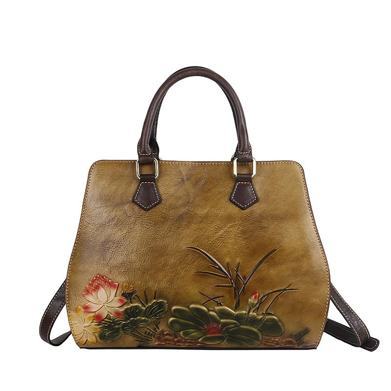 Handgemachte Erste Schicht Kuh Leder Frauen Tasche 2021 Neue Vintage Präge Schulter Taschen Große Kapazität Freizeit Handtasche gelb von Joom DACH