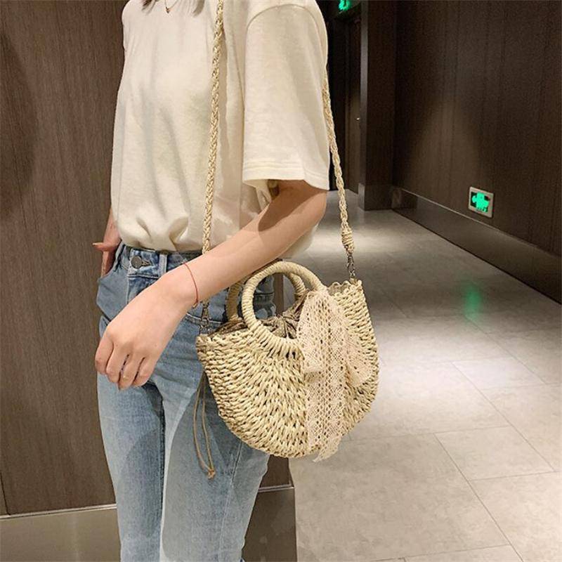 Handgemachte halbrunde Rattan gewebte Strohtasche Sommer Damen Top Henkel Handtaschen Totes Mädchen Strand Handtasche Frühling Picknick Boho Tasche 19*8.5*23cm beige von Joom DACH