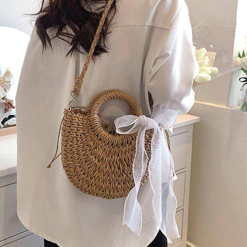 Handgemachte halbrunde Rattan gewebte Strohtasche Sommer Damen Top Henkel Handtaschen Totes Mädchen Strand Handtasche Frühling Picknick Boho Tasche 24*9*18cm khaki von Joom DACH