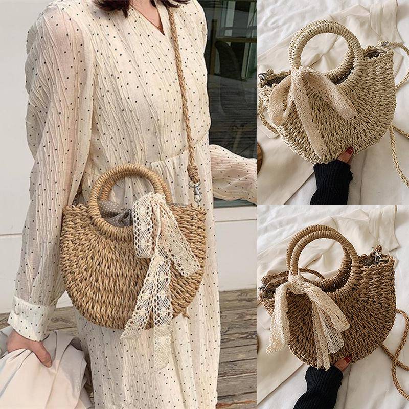 Handgemachte halbrunde Rattan gewebte Strohtasche Sommer Damen Top Henkel Handtaschen Totes Mädchen Strand Handtasche Frühling Picknick Boho Tasche 24*9*18cm beige von Joom DACH