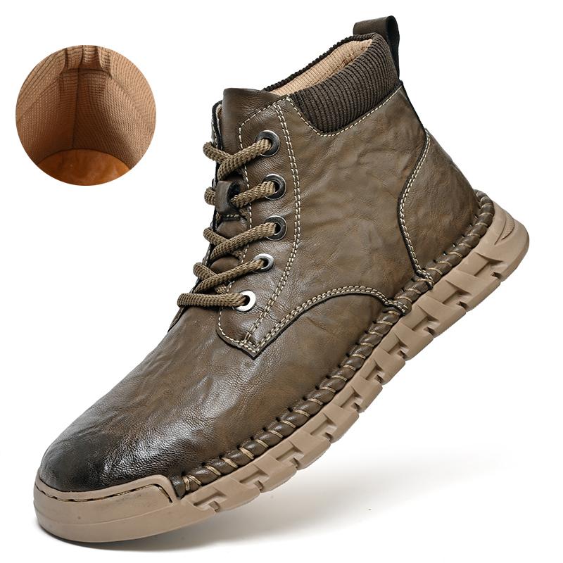 Handgenähte Lederstiefel für Herren, lässige Lederschuhe, Stiefeletten für Herren, Herbst- und Winterstiefel 46 khaki von Joom DACH