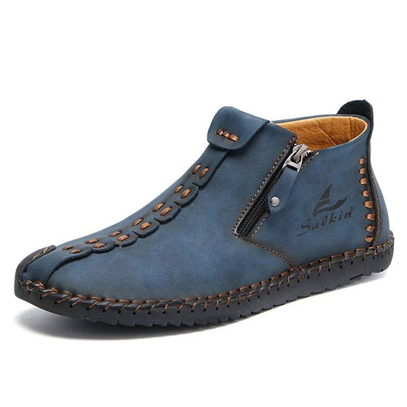 Handgenähte Spaltlederstiefel Herrenschuhe Bequeme Slip-On-Lackstiefel Arbeits-Retro-Leder-Stiefeletten für Herren Freizeitschuhe 41 blau von Joom DACH