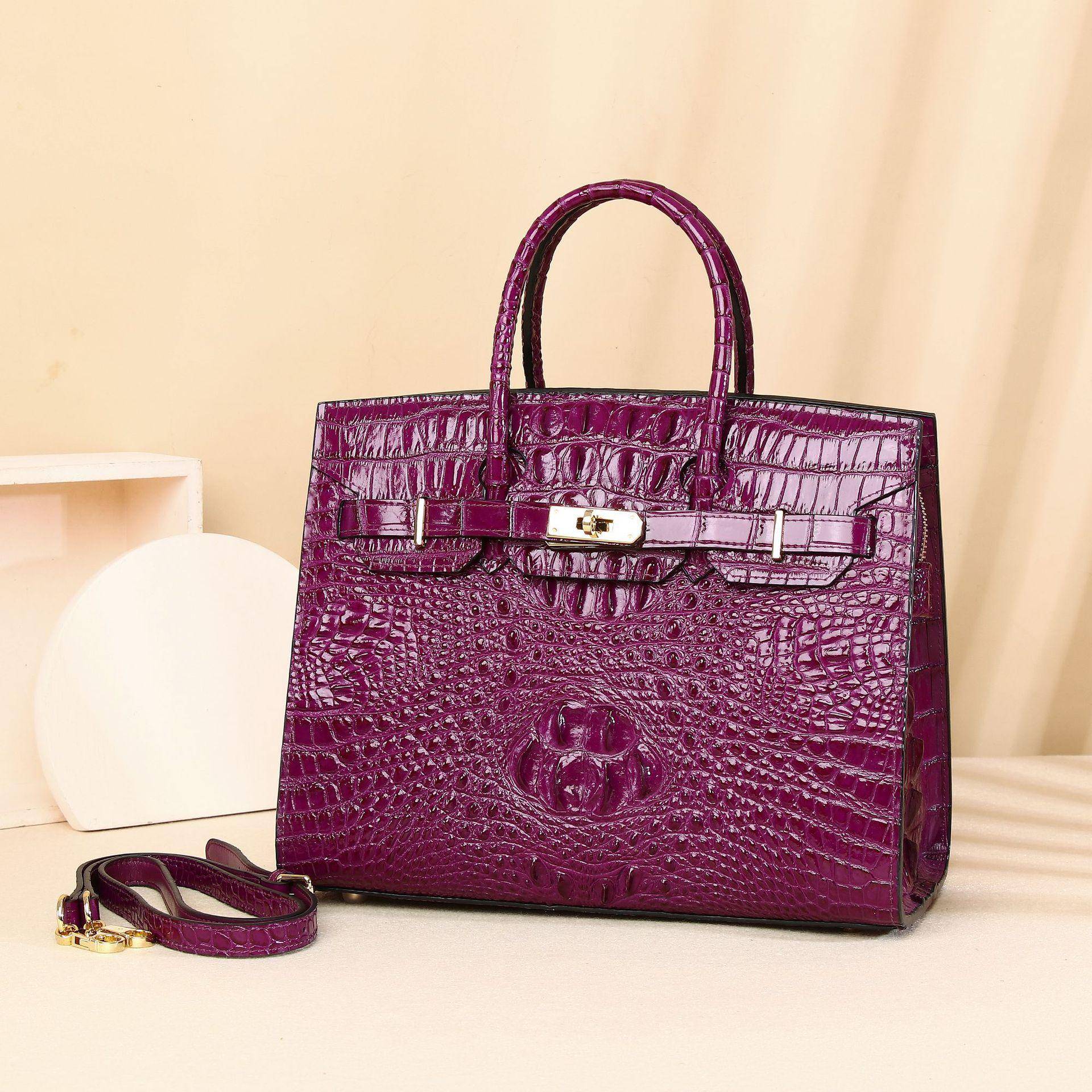 Handtasche für Damen aus Leder mit Krokodilmuster, Hochwertige und modische große Tasche, Vielseitig, Umhängetasche in Platin, Lässige Damentasche violett von Joom DACH