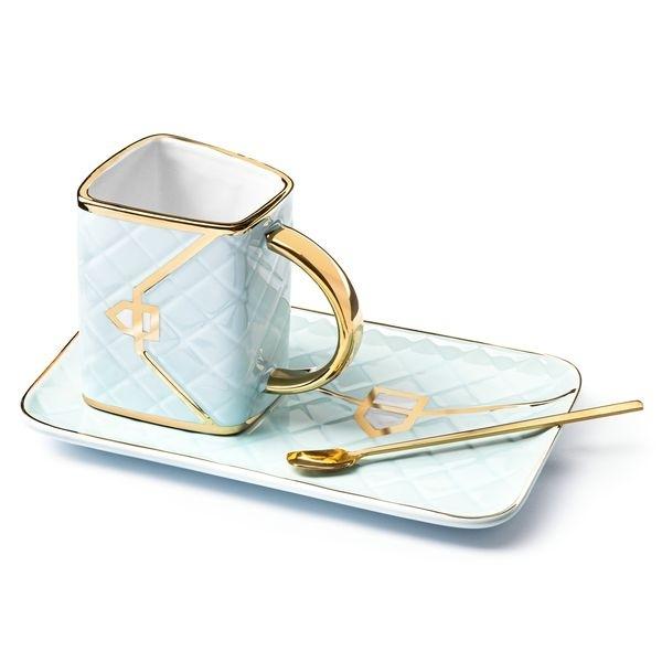 Handtaschenbecher mit Tellerlöffel. Blauer und goldener gesteppter Becher von Joom DACH