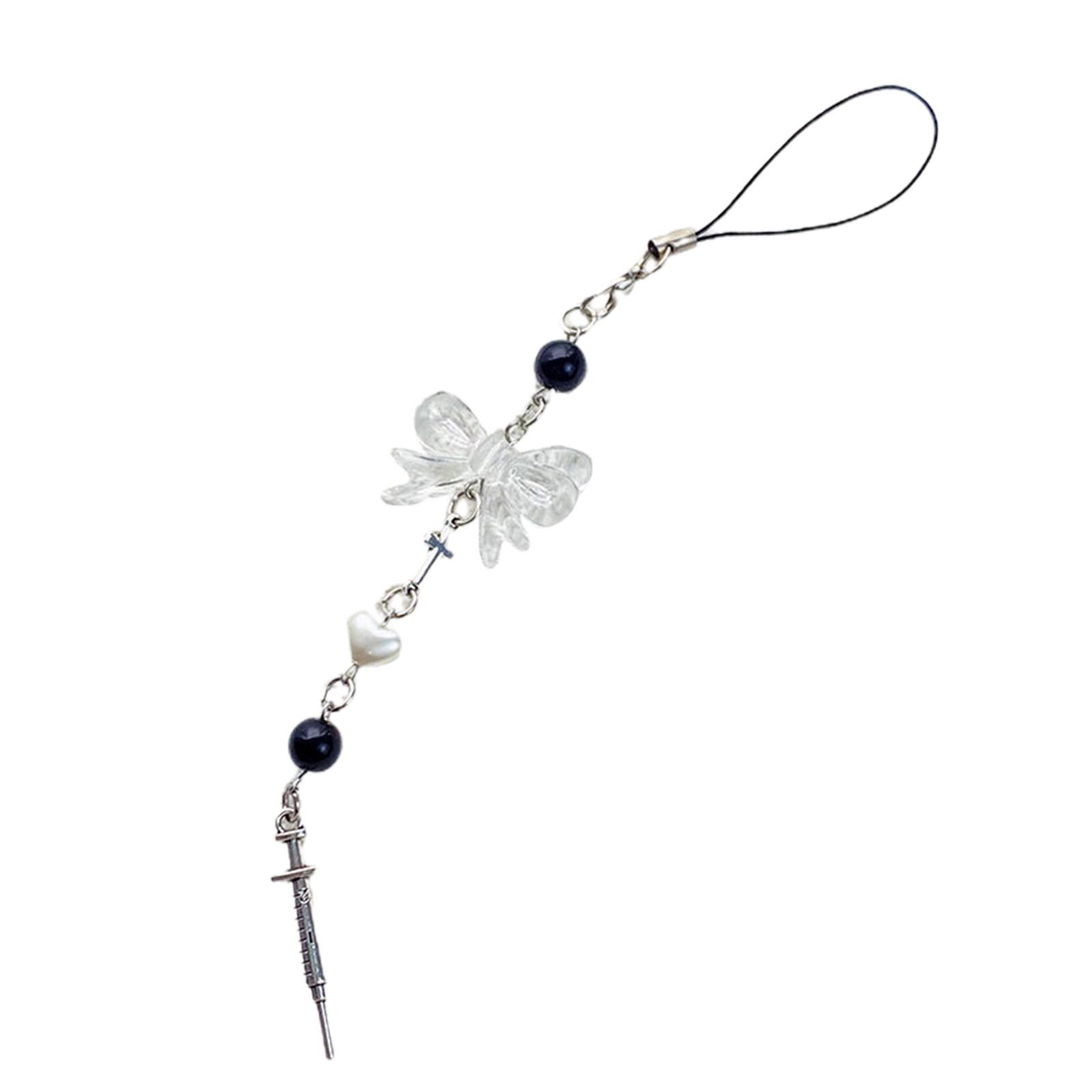 Handy-Charm-Riemen-Schlüsselanhänger, Kawaii-niedlicher Schlüsselanhänger, Lanyard-Schnur, schwarze Kreuzschleife, Perlenkette, Lanyard Y2K für Frauen und Mädchen 2 von Joom DACH