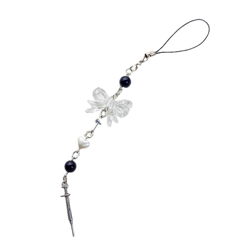 Handy-Charm-Riemen-Schlüsselanhänger, Kawaii-niedlicher Schlüsselanhänger, Lanyard-Schnur, schwarze Kreuzschleife, Perlenkette, Lanyard Y2K für Frauen und Mädchen 2 von Joom DACH