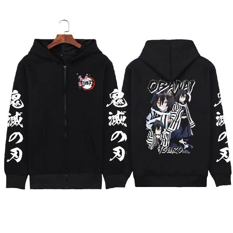 Harajuku Anime Demon Slayer Iguro Obanai Druck Kapuzenpullover Herren Damen Klassische Reißverschluss-Hoodies Lässiges Lockeres Sweatshirt Unisex Zip-Jacke XL schwarz von Joom DACH