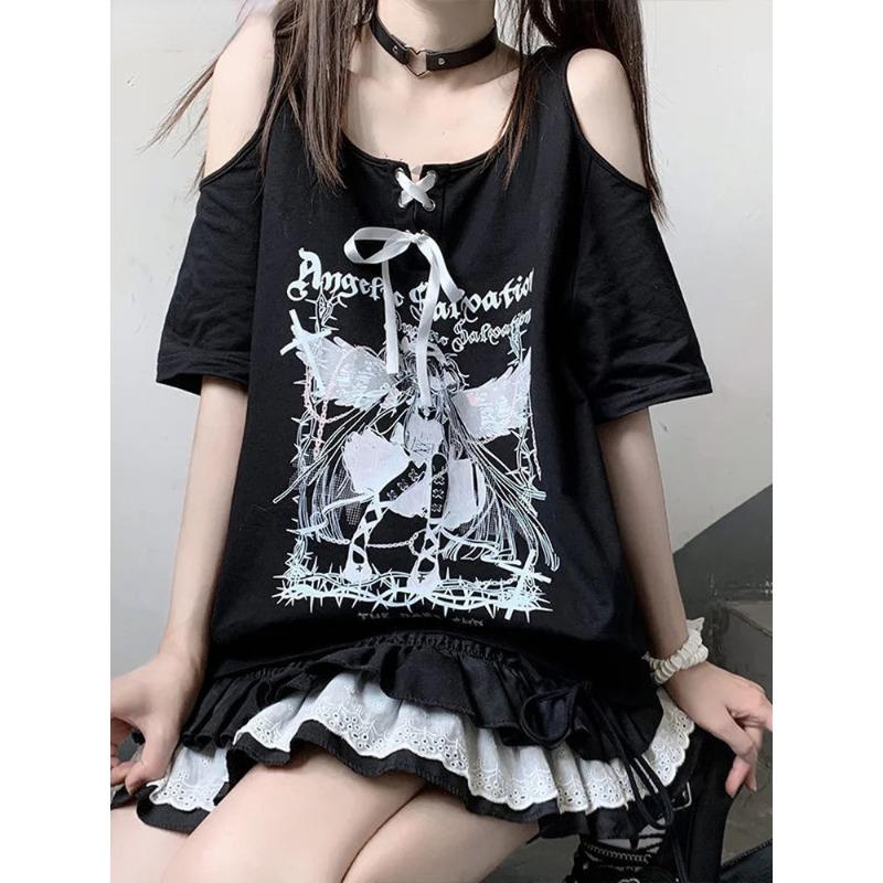 Harajuku Cartoon Print Kawaii T-Shirt Damen Schulterfrei Grafik T-Shirts Fee Grunge Y2k Ästhetisches T-Shirt Gothic S schwarz von Joom DACH