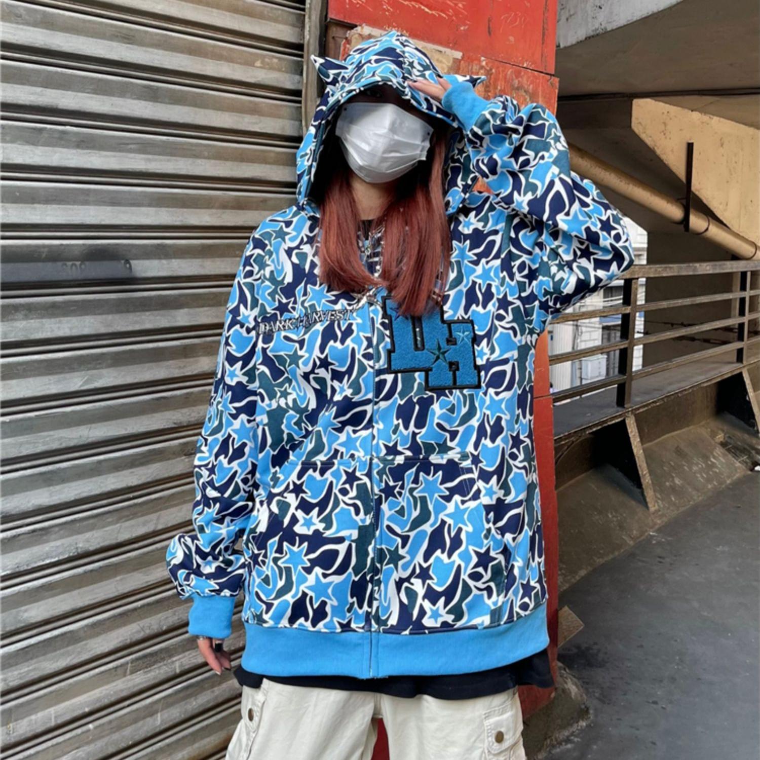 Harajuku Dämon Stickerei Hoodies Übergroßen Camouflage Sweatshirt Gothic Goth Zip Up Hoodie Y2k Kleidung Paare Streetwear Frauen M blau von Joom DACH