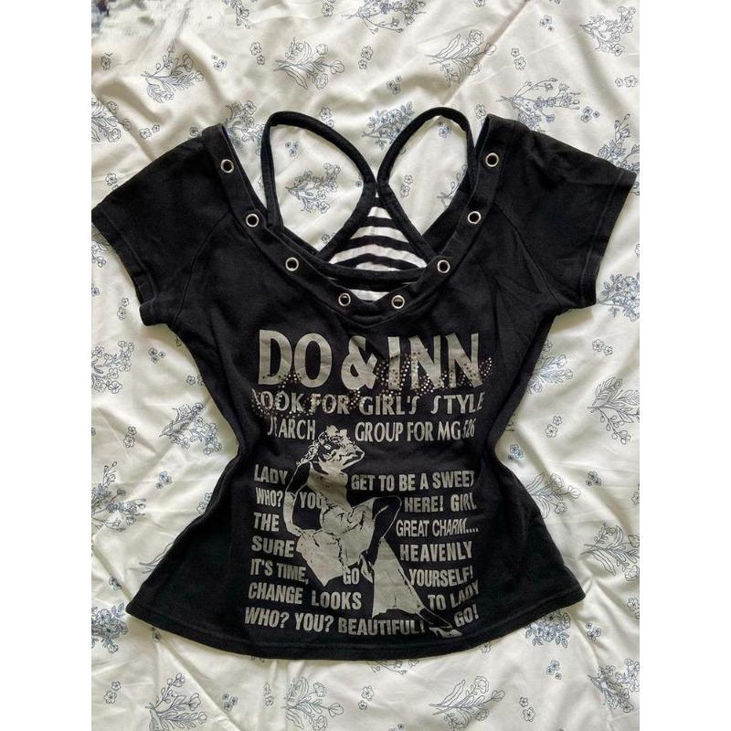 Harajuku Fairy Cropped Letter Printing V-Ausschnitt T-Shirts + Streifen Grunge Tank Top Damen 2024 Sommer Y2k Zweiteiliges Set Ästhetik S schwarz von Joom DACH