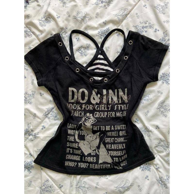 Harajuku Fairy Cropped Letter Printing V-Ausschnitt T-Shirts + Streifen Grunge Tank Top Damen 2024 Sommer Y2k Zweiteiliges Set Ästhetik S schwarz von Joom DACH